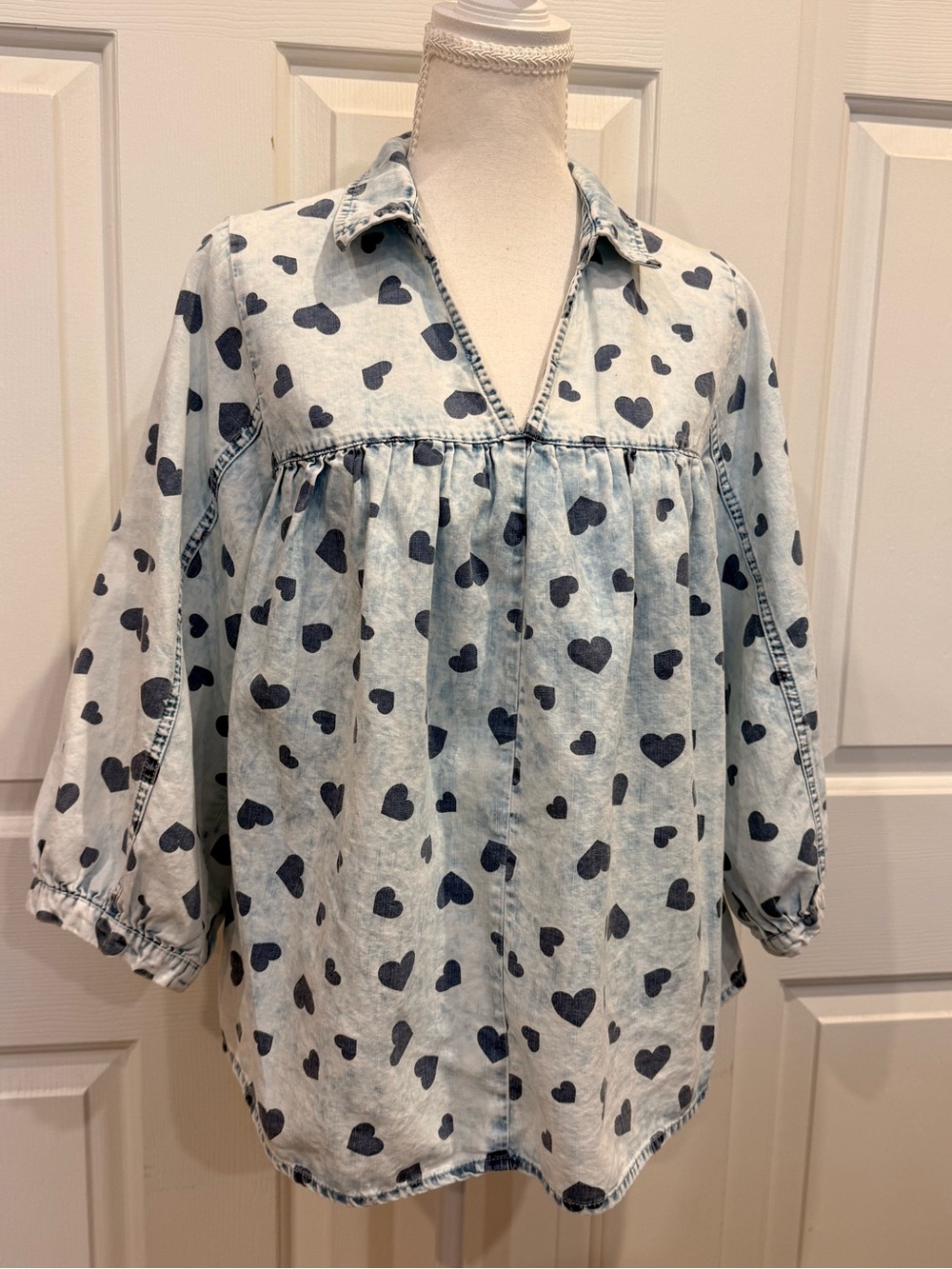Cato Heart Print Chambray Babydoll Tunic Top Small Blue 3/4 Sleeve - Picture 5 of 9